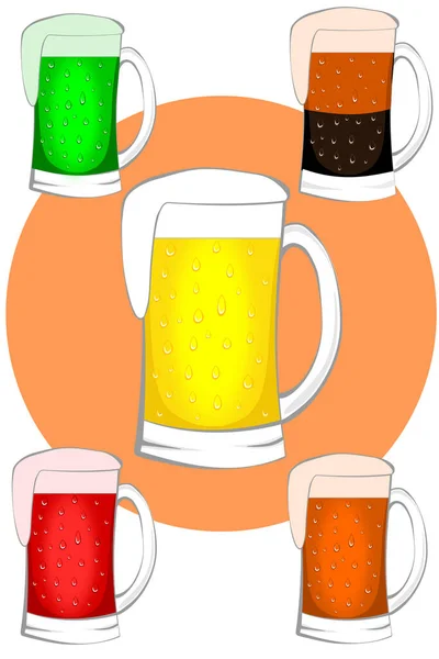 不同类型的啤酒在汗流浃背的杯子 — 图库矢量图片