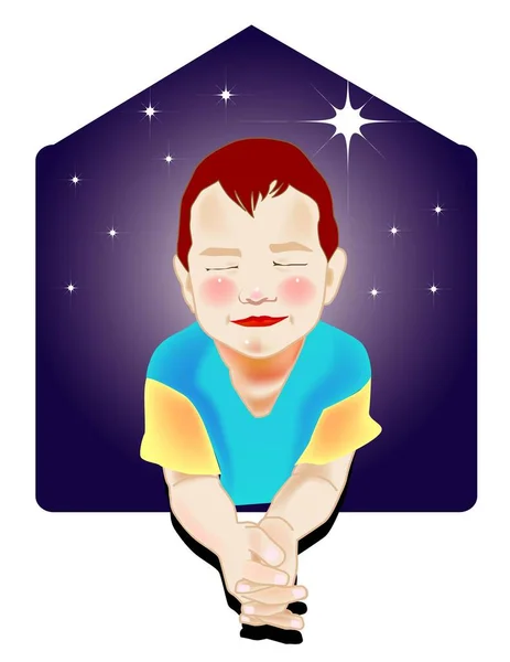 小さな男の子のためのベクトル図は輝く星の夜の背景で祈っています — ストックベクタ