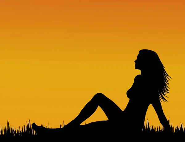 Векторна Ілюстрація Молодої Жінки Сидить Траві Заході Сонця — стоковий вектор