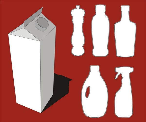 描述不同瓶子的轮廓及3D奶箱图形 — 图库矢量图片