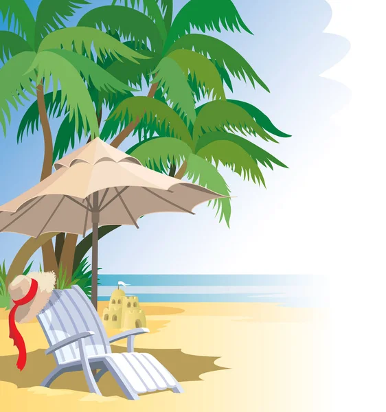 Beach Palm Trees Sea Chairs Umbrella — Stock Vector