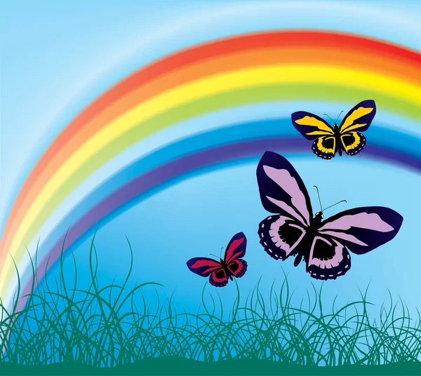 Fliegende Schmetterlinge Vor Dem Hintergrund Eines Regenbogens Netz Und Vektor — Stockvektor