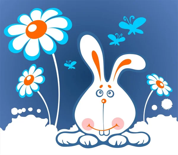 快乐的卡通兔子和白色背景的花朵 — 图库矢量图片