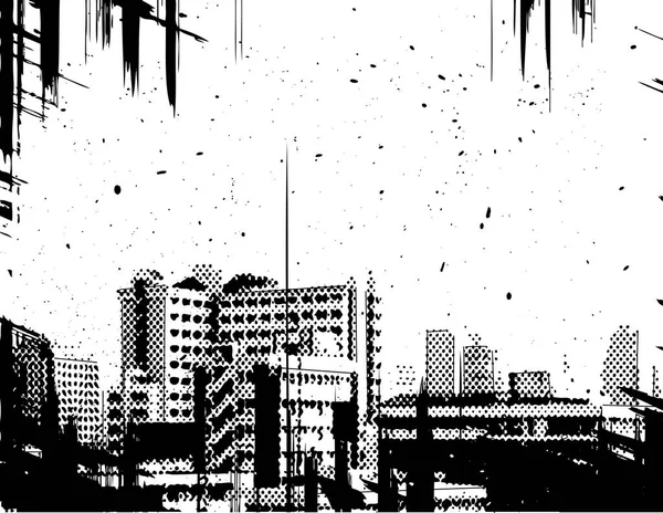 Vektorový Půltónový Design Panoramatu Města Grunge Samostatných Vrstvách — Stockový vektor