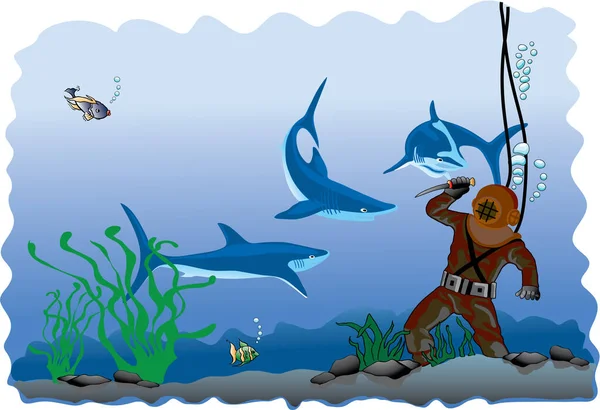 Illustratie Van Een Duiker Met Haaienbeeld Vectorillustratie — Stockvector