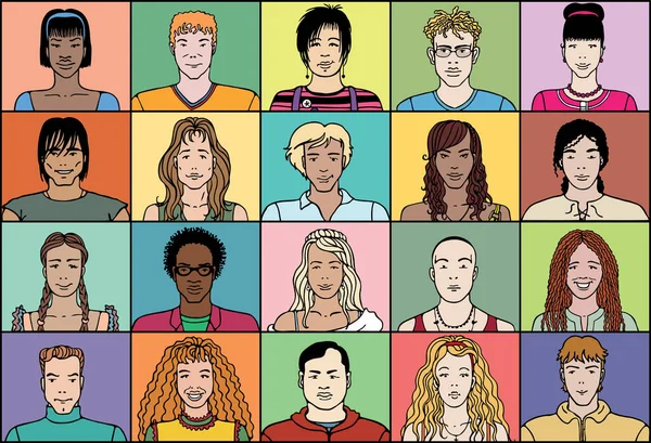 Двадцать Молодых Людей Разного Пола Разных Национальностей — стоковый вектор