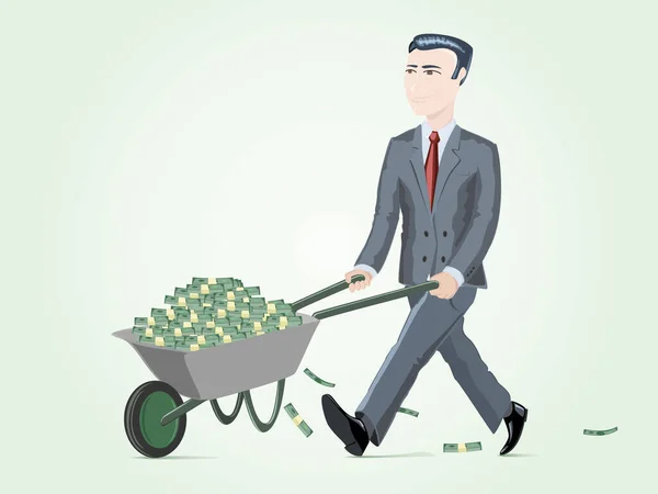 Businnesman Pushing Cart Full Money — Stock Vector