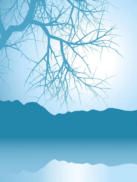 Зимовий Пейзаж Відображеними Горами Гілками Дерев — стоковий вектор