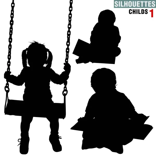 Silhouettes Childs High Detailed Black White Illustrations — Stock Vector