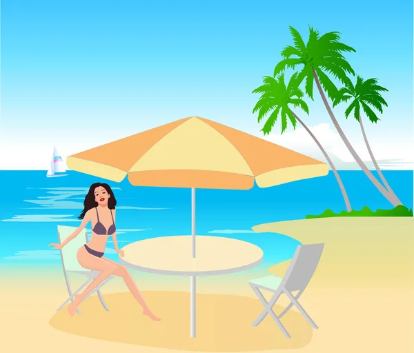 Attractive Girl Exotic Beach Vector Illustration — Stock Vector