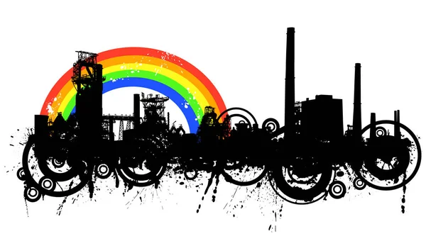 Szczegółowe Wektor Ilustracja Przemysłowe Panoramę Rainbow Guma — Wektor stockowy