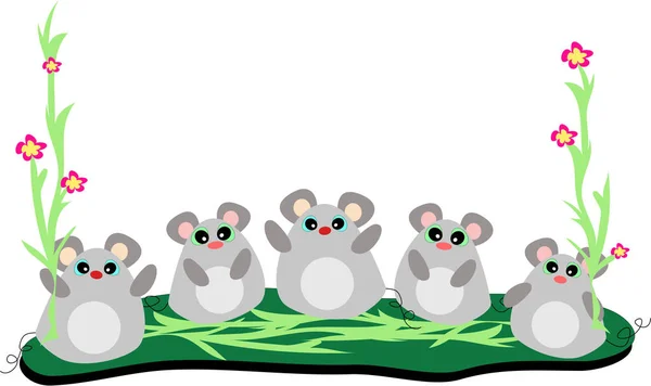 Five Mice Standing Together Handy Frame Flowers Green Stalks — Stock Vector