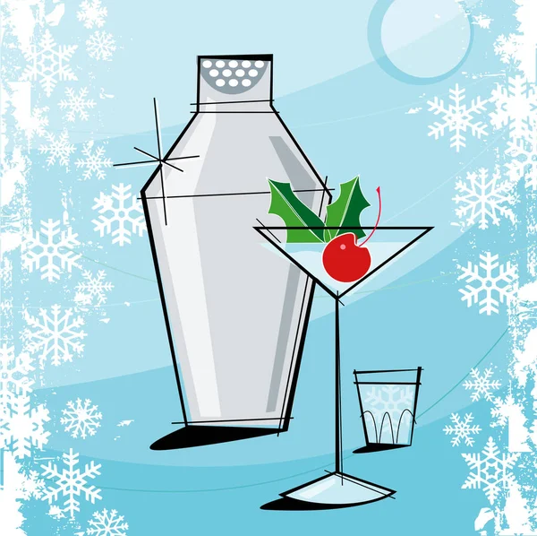 Ретро Стилизованный Holiday Martini Гранжевой Рамой Снежинок Каждый Элемент Сгруппирован — стоковый вектор