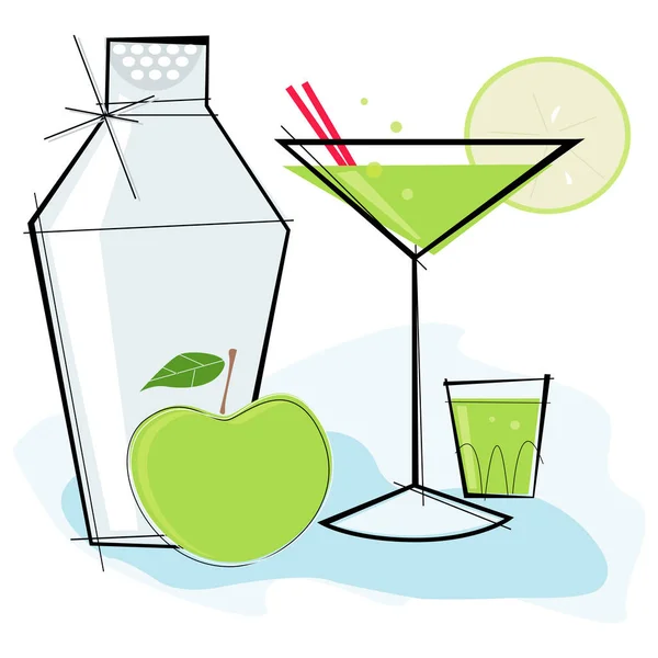 Retro Gestileerde Cocktail Spot Illustratie Green Apple Martini — Stockvector