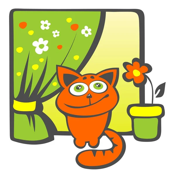 Kreskówka Szczęśliwy Kot Siedzi Parapecie — Wektor stockowy