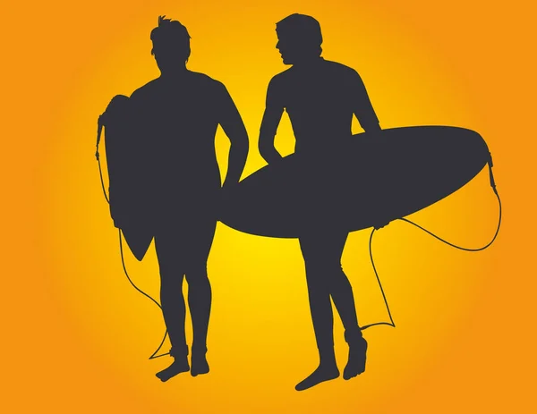 Dvě Siluety Surfařů Opouštějí Svou Oblíbenou Přestávku Prkny Ruce — Stockový vektor