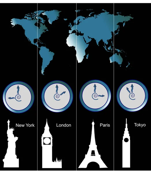 四座城市 巴黎和东京 的钟表和这些城市著名景点的世界地图的矢量图像 — 图库矢量图片