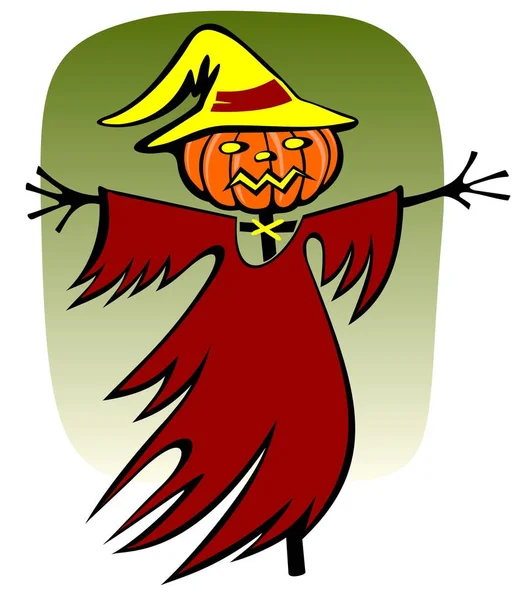 Cartoon Scarecrow Green Background Halloween Illustration — Stock Vector