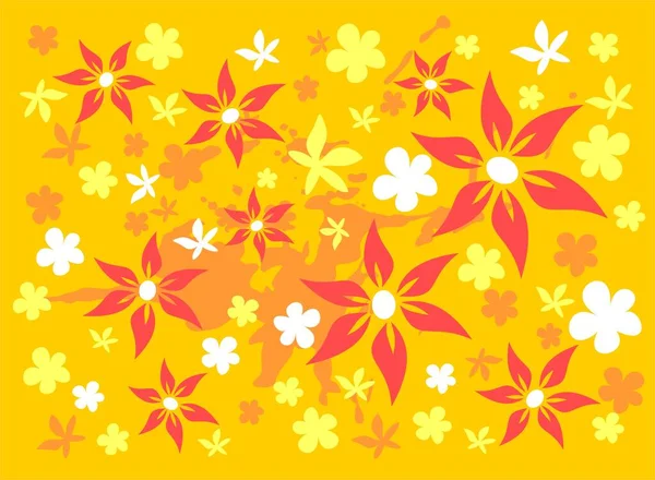 Sarı Zemin Üzerinde Kırmızı Beyaz Renkte Çiçekler — Stok Vektör