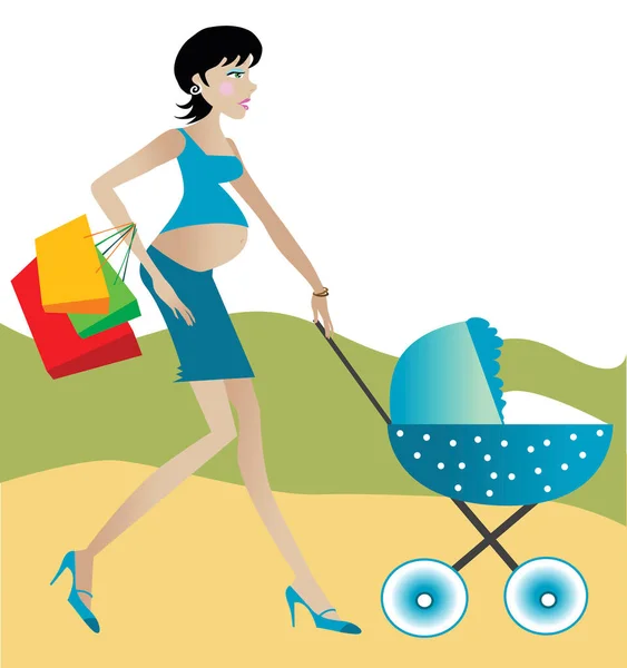 Schwangere Mit Einkaufstüten Schieben Kinderwagen — Stockvektor