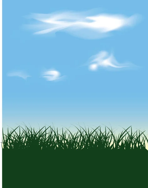 Silhouette Herbe Vectorielle Contre Ciel Bleu Avec Des Nuages — Image vectorielle
