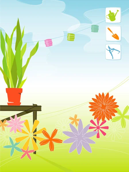 Nowoczesny Kolorowy Stylizowany Ogród Zewnętrzny Papierowymi Latarniami Ławką Doniczkową Kwiatami — Wektor stockowy
