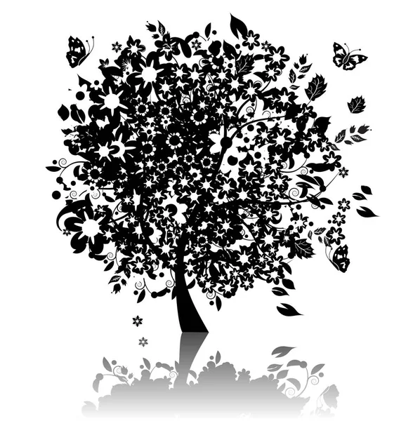 Blommig Träd Silhouette Svart — Stock vektor