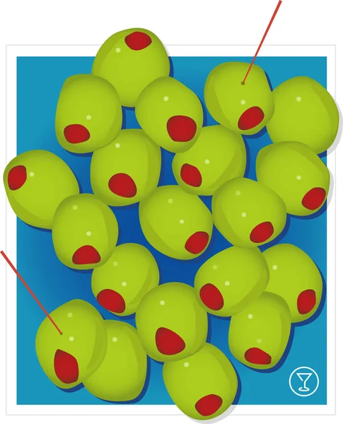 Стильный Зеленый Коктейль Оливки Красными Pimentos Синем Фоне Красными Зубочистками — стоковый вектор