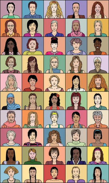 Cincuenta Mujeres Adultas Distintas Edades Nacionalidades — Archivo Imágenes Vectoriales
