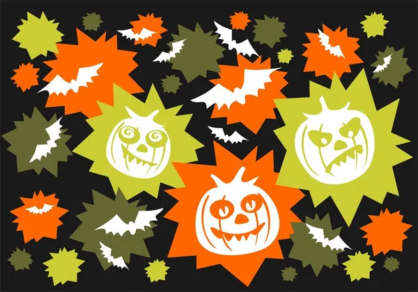 Calabazas Murciélagos Sobre Fondo Negro Ilustración Halloween — Vector de stock