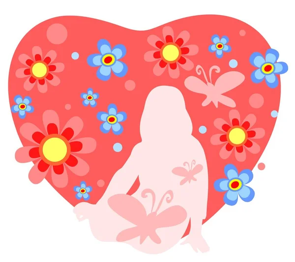 Rosa Mädchensilhouette Mit Schmetterlingen Und Verzierten Herzen Mit Blumen Isoliert — Stockvektor