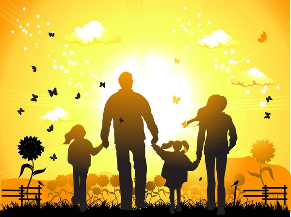 Mutlu Aile Doğada Yürüyor Gün Batımında — Stok Vektör