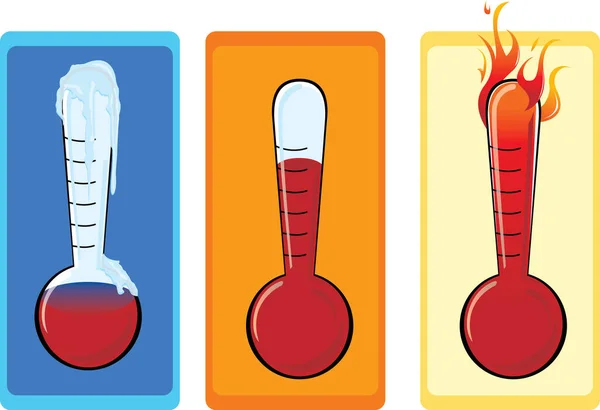 冷たい 暖かい 暑い温度を示す3つのベクトル温度計のセット — ストックベクタ