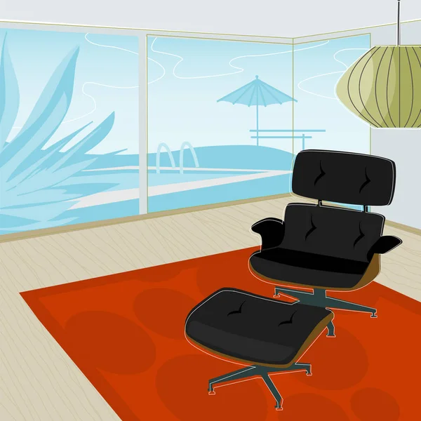 Cadeira Lounge Moderna Retro Estilizada Com Vista Para Piscina Cada — Vetor de Stock