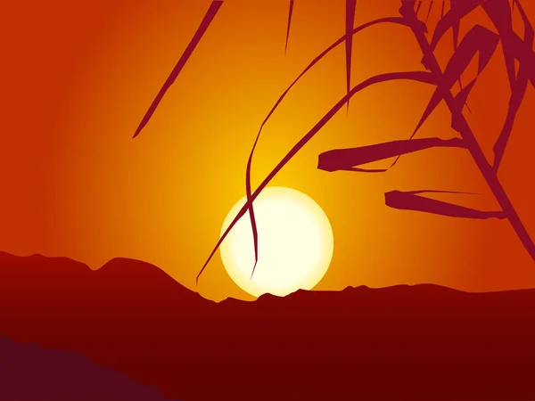 Güneşin Dağların Ardında Batışının Vektör Çizimi — Stok Vektör