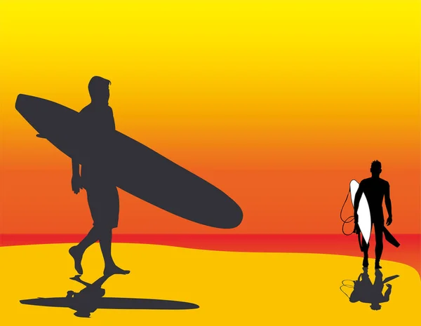 Dva Surfaři Jeden Longboardista Jeden Shortboarder — Stockový vektor