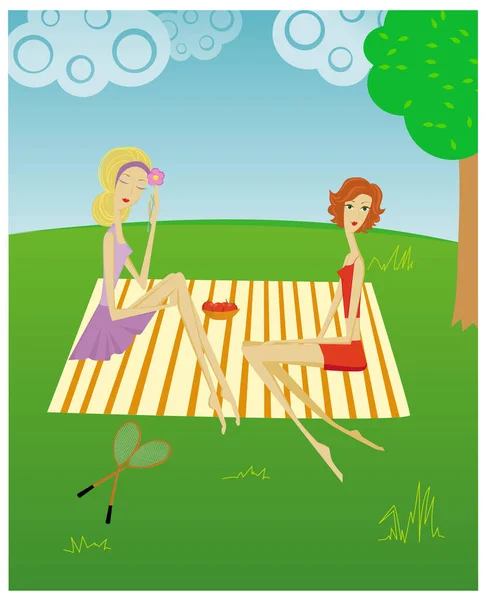 自然上のピクニックの2人の女の子 — ストックベクタ