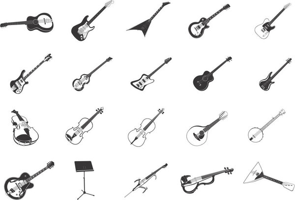 Collection of smooth vector EPS illustrations of various guitars