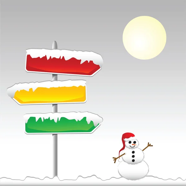 Verkeerstekens Van Verschillende Kleuren Bedekt Met Sneeuw Een Sneeuwpop Met — Stockvector