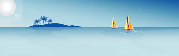 Панорамна Векторна Ілюстрація Сонячного Морського Горизонту Ізольованим Островом Вітрильниками Відстані — стоковий вектор