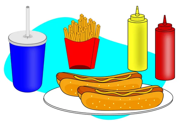Uma Cena Jantar Hotdog Com Batatas Fritas Refrigerante — Vetor de Stock