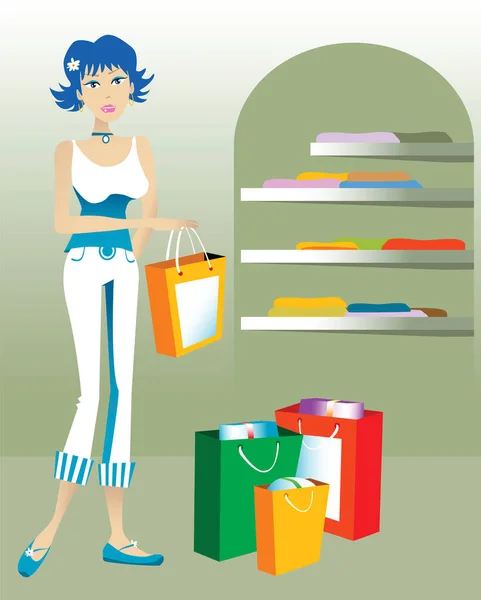 Ung Kvinna Shoppar Butik Med Shoppingväskor — Stock vektor