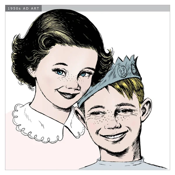 ヴィンテージ1950年代のエッチングスタイルの女の子と男の子 本格的な手描きのスクラッチボードから詳細な黒と白はフルカラー化が含まれています — ストックベクタ