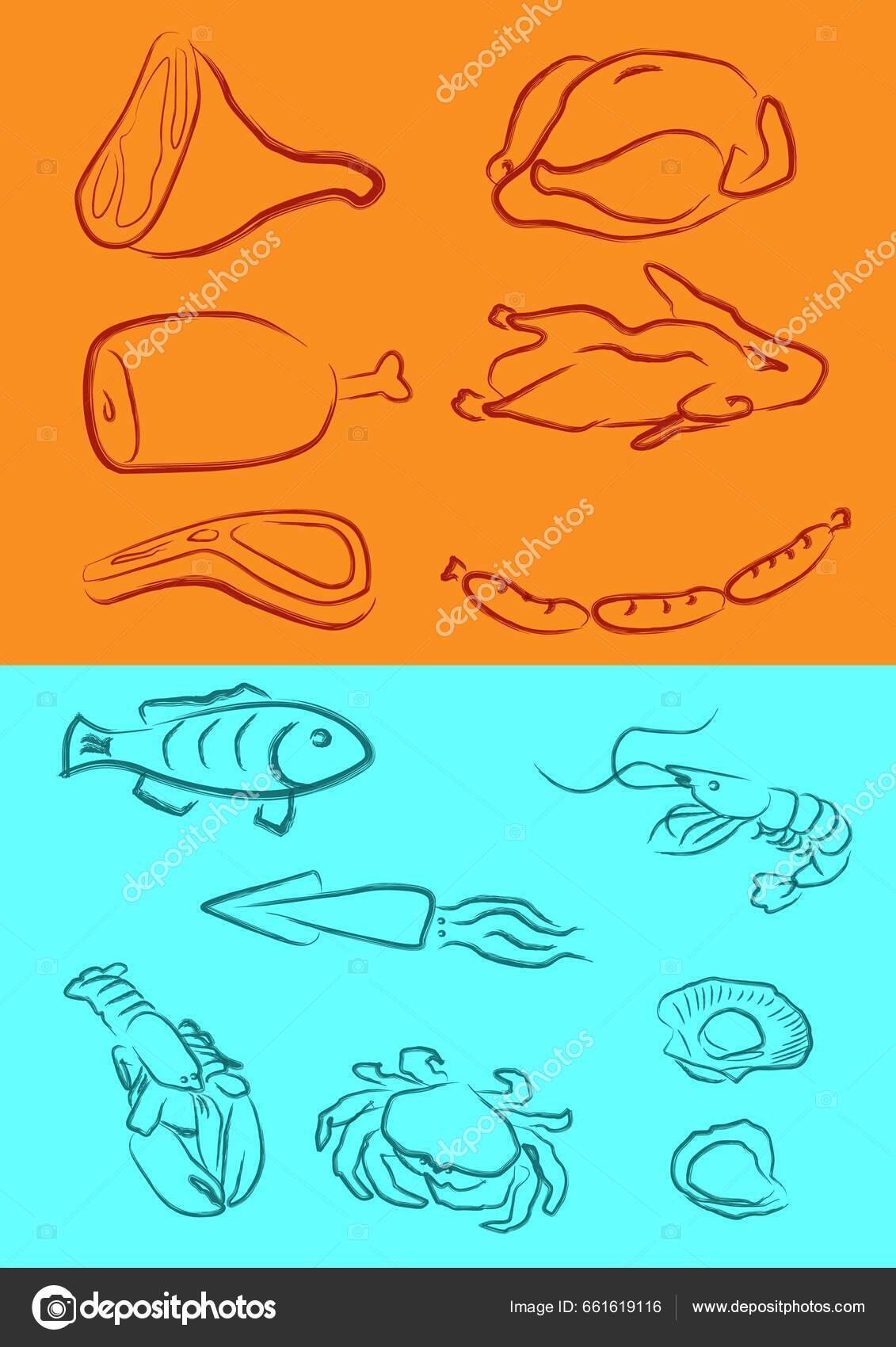 Vector Illustration Variety Meats Artistic Outline Stock Vector by