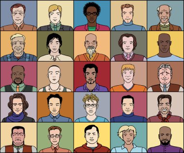 Farklı yaşlarda ve farklı milletlerden 25 erkek.