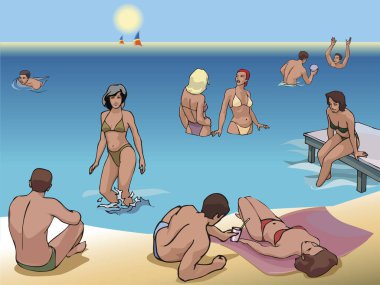 Güneşlenen, yüzen ve eğlenen insanlarla dolu güzel bir kumsal.