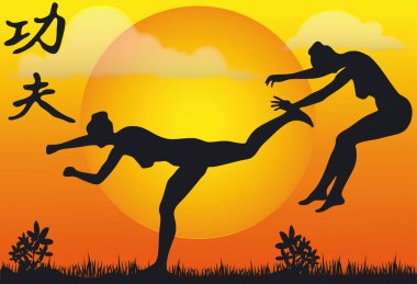 Kung Fu Siluetlerinin Görünümü - Vektör