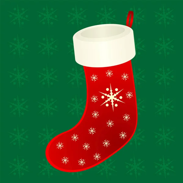 圣诞袜子饰有绿色背景的雪晶 — 图库矢量图片