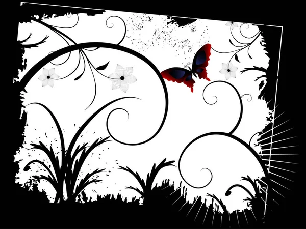 グランジの背景とカラフルな蝶に囲まれたレトロなベクトルのつるの葉 — ストックベクタ