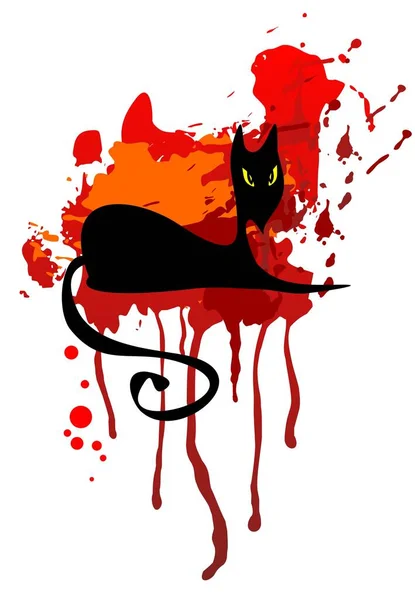 红色发牢骚背景上的黑猫 万圣节插图 — 图库矢量图片